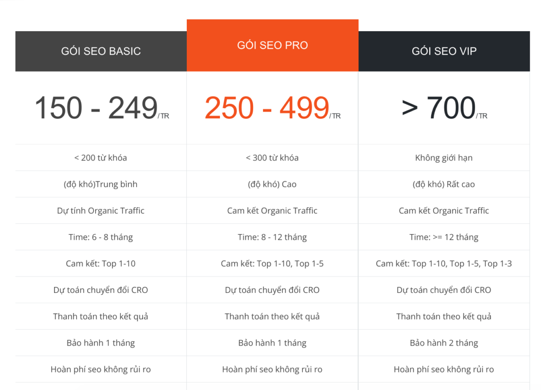 bảng giá dịch vụ seo tại SEOVIP