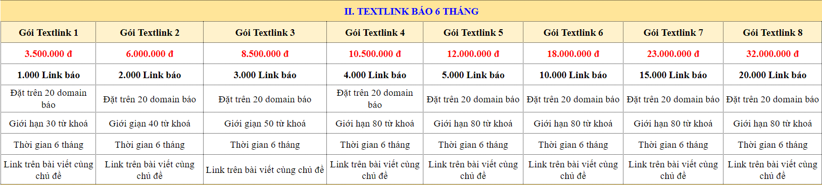Bảng giá textlink báo 6 tháng tại SEOViP